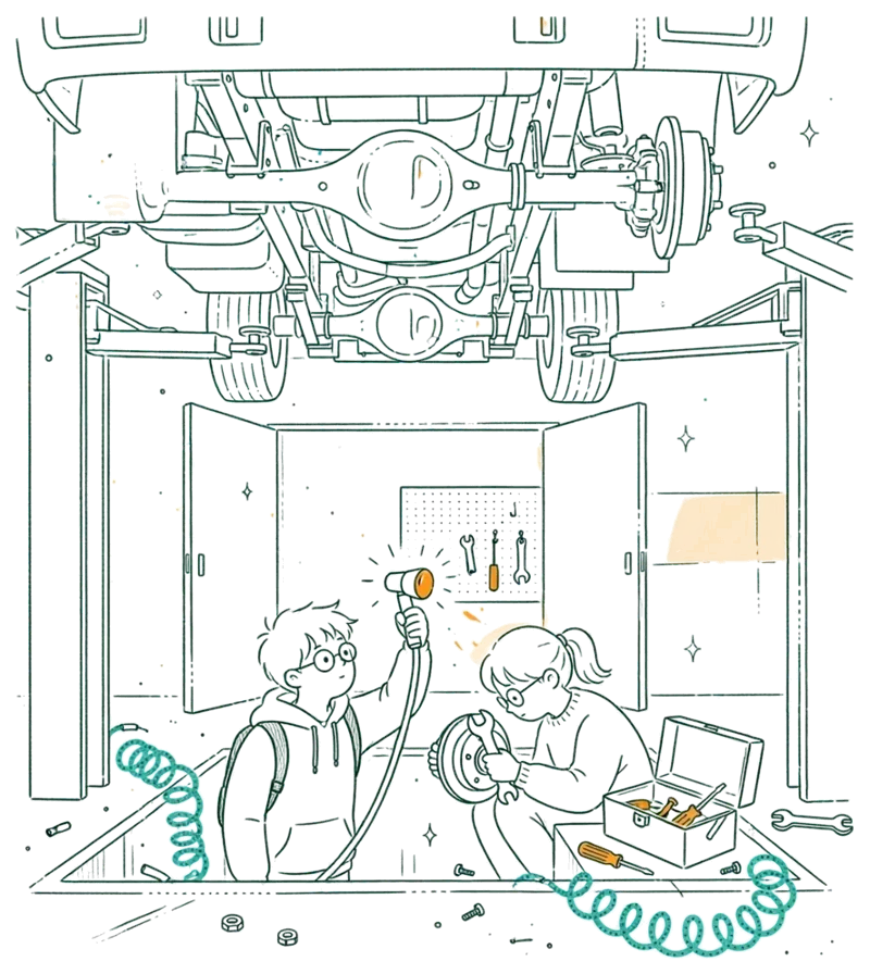Dessin au trait : apprentis entretenant un poids lourd sur une fosse