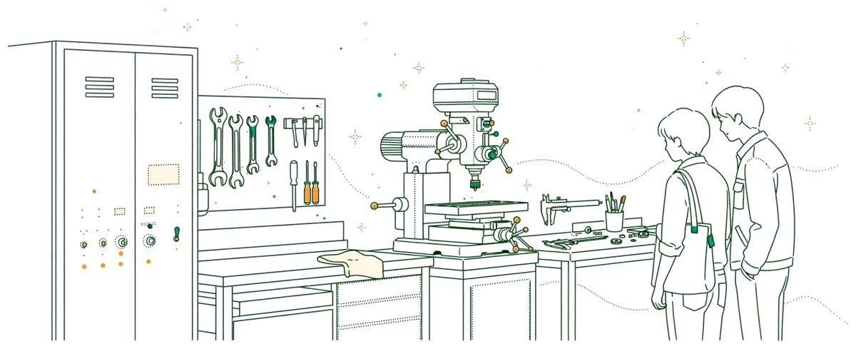 Dessin au trait : atelier industriel avec établis et machines