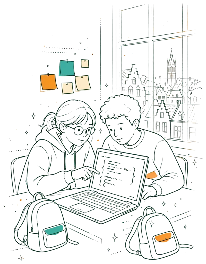 Dessin au trait : deux étudiants codent ensemble sur un portable