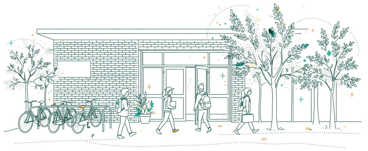 Dessin au trait : entrée d’école avec étudiants qui arrivent le matin