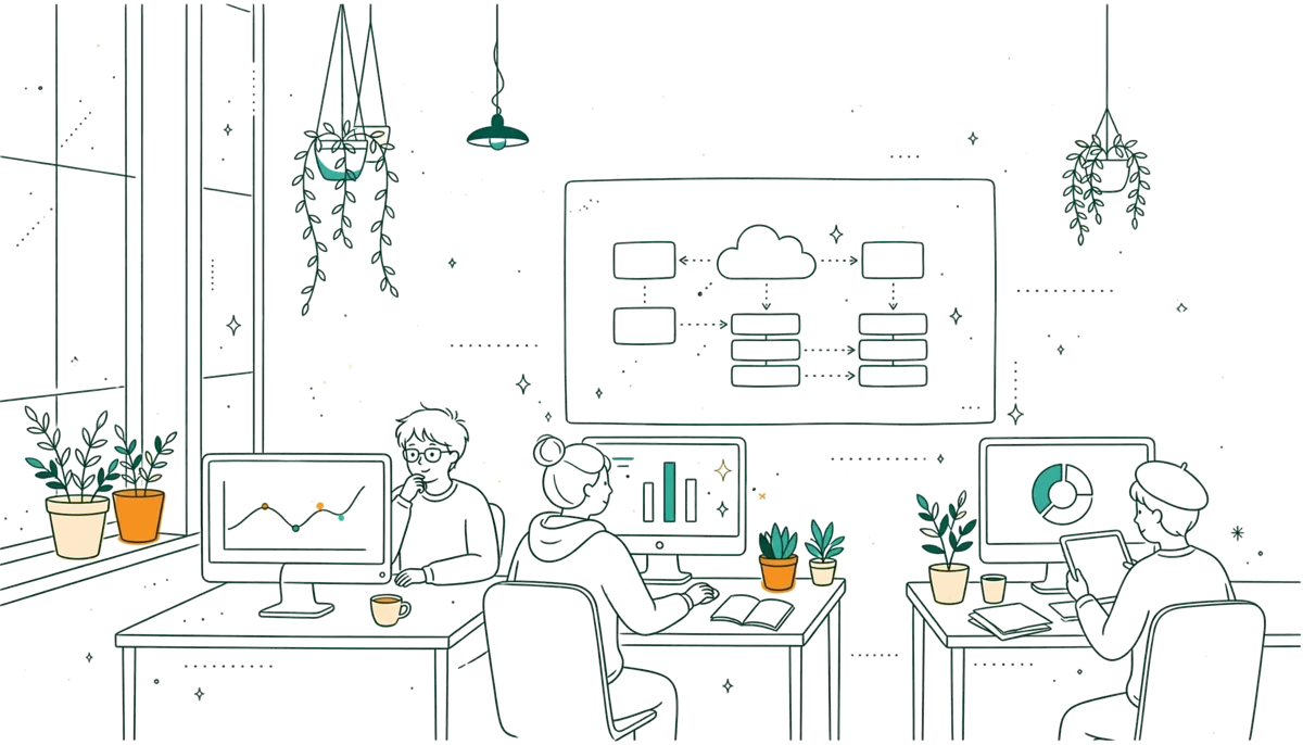 Dessin au trait : jeunes développeurs au travail en open space
