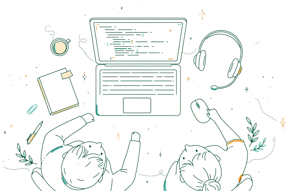 Dessin au trait : portable ouvert et casque sur bureau