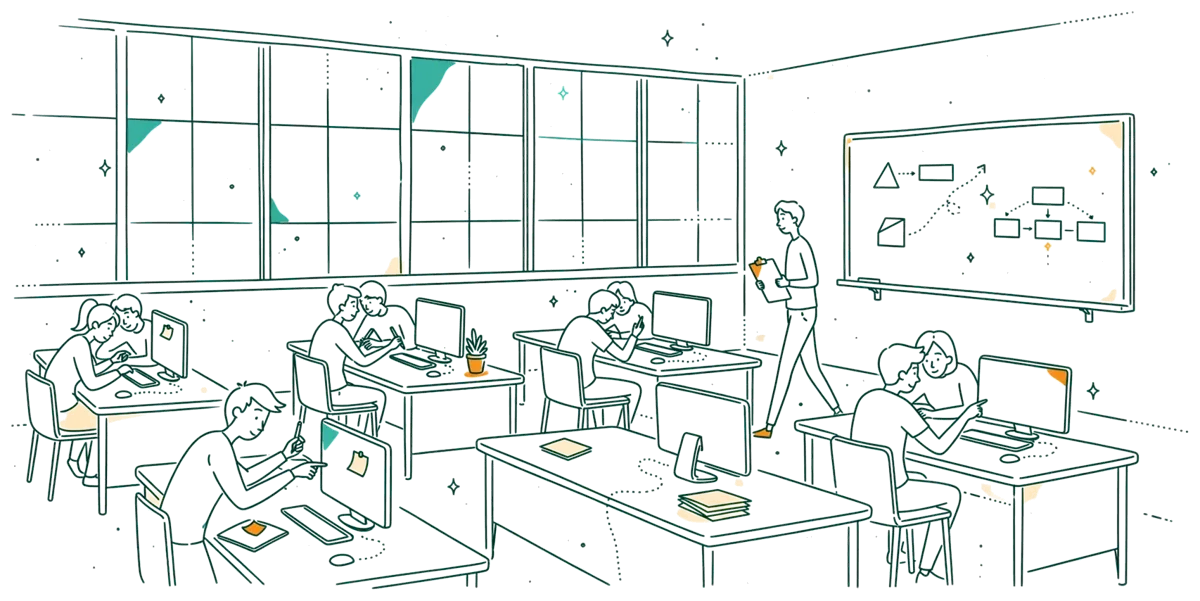 Dessin au trait : étudiants qui codent en binôme en salle informatique