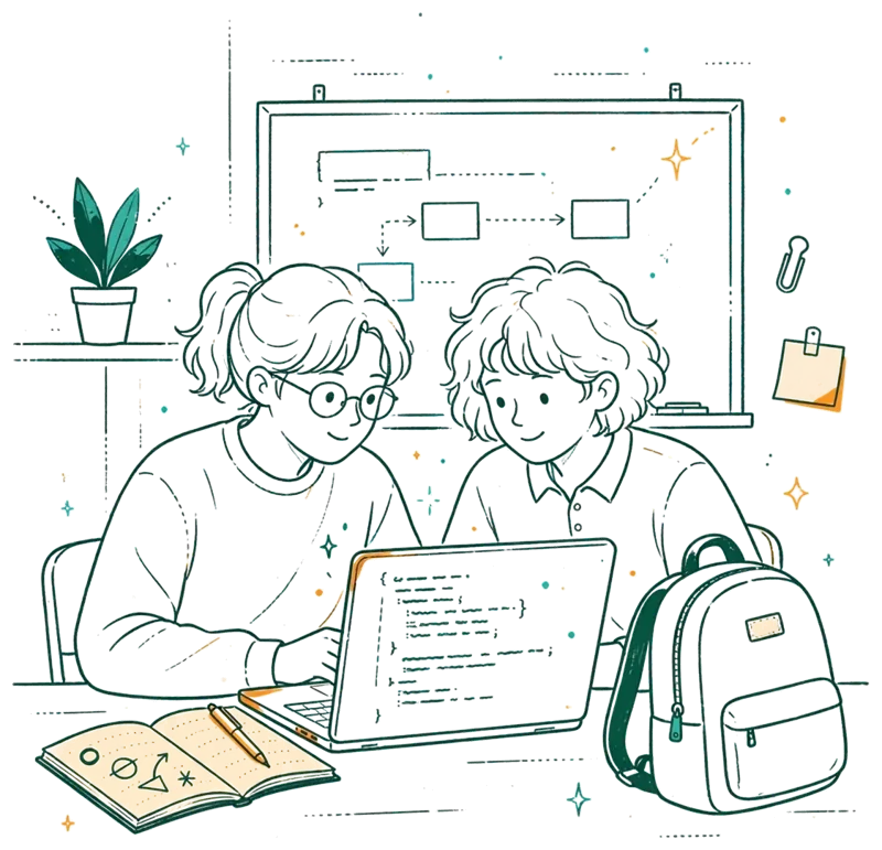 Dessin au trait : deux étudiants qui codent ensemble sur un portable