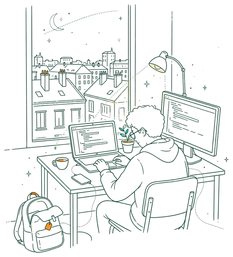 Dessin au trait : étudiant qui code sur son portable dans sa chambre à Lyon