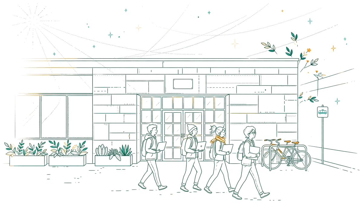 Dessin au trait : entrée de l’école avec étudiants qui arrivent le matin