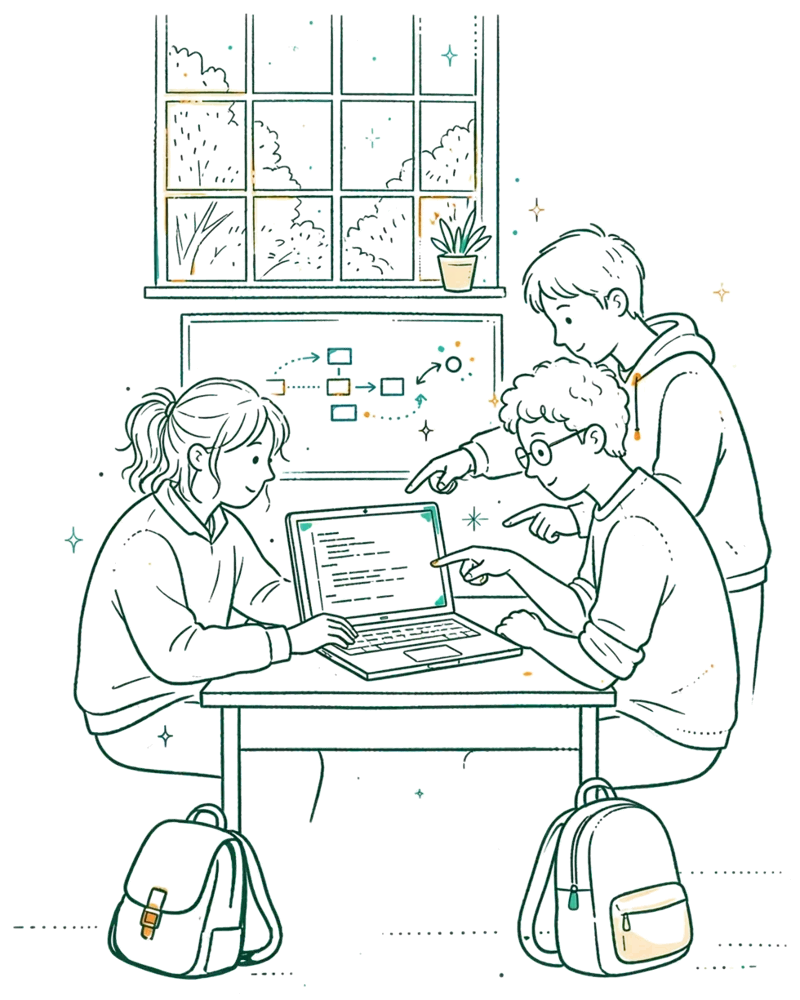 Dessin au trait : étudiants qui codent ensemble en salle informatique