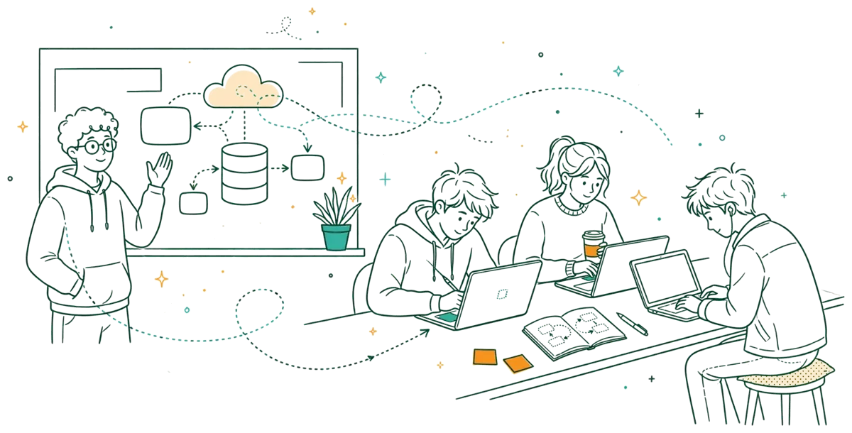 Dessin au trait : jeunes développeurs au travail en open space