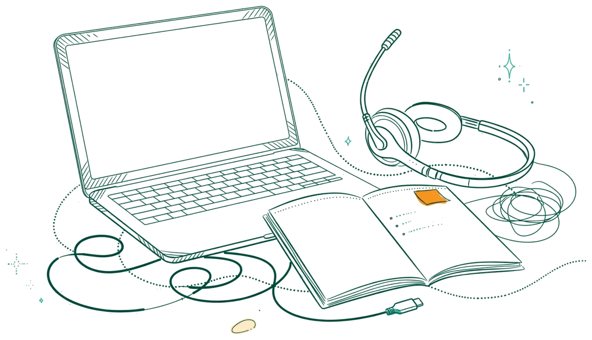 Dessin au trait : portable ouvert et casque à micro sur bureau
