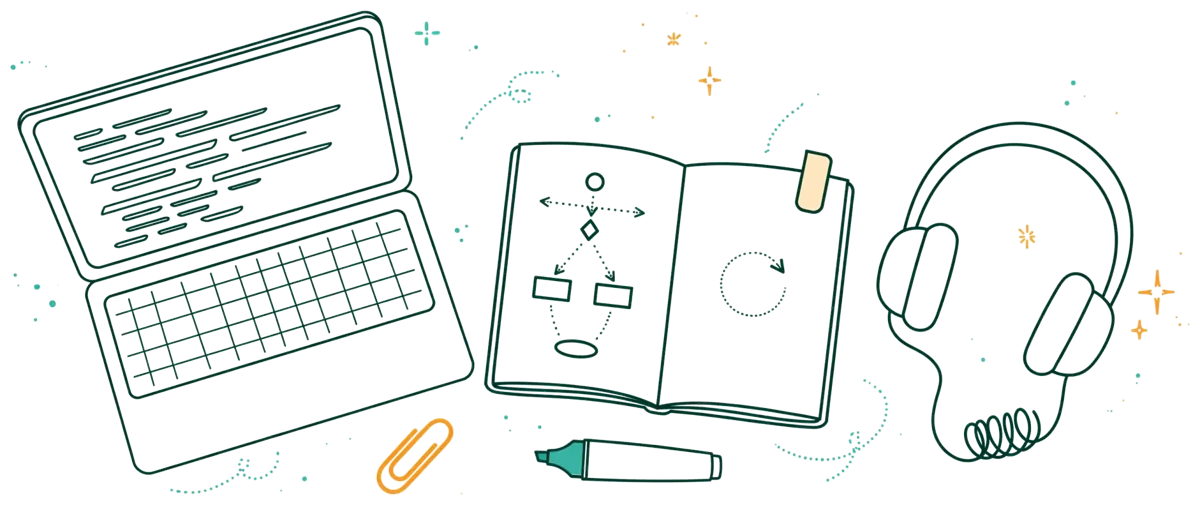 Dessin au trait : portable ouvert avec code et carnet d’algorithmique