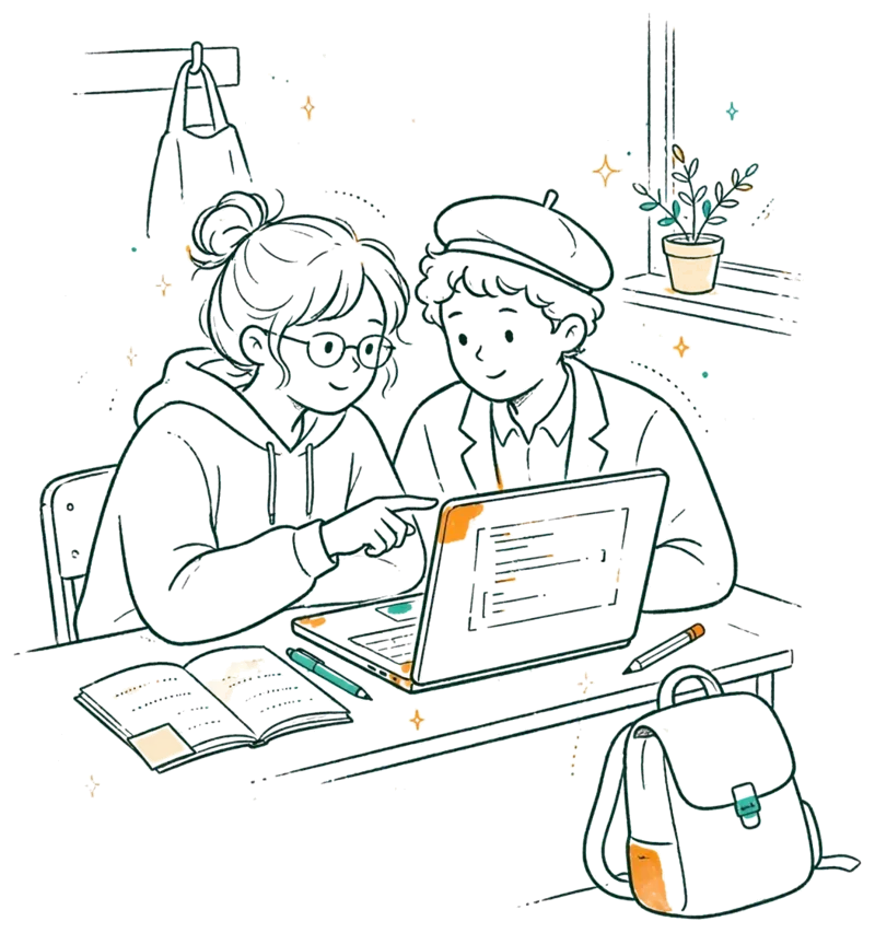 Dessin au trait : deux étudiants qui codent ensemble sur un portable