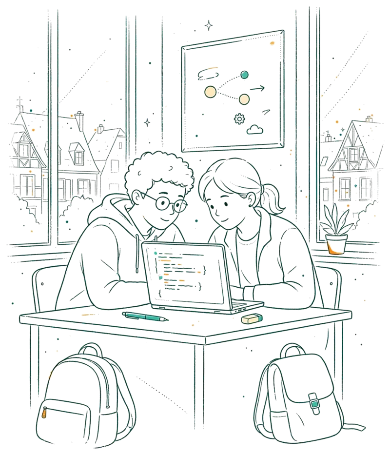 Dessin au trait : deux étudiants qui codent ensemble sur un portable en salle