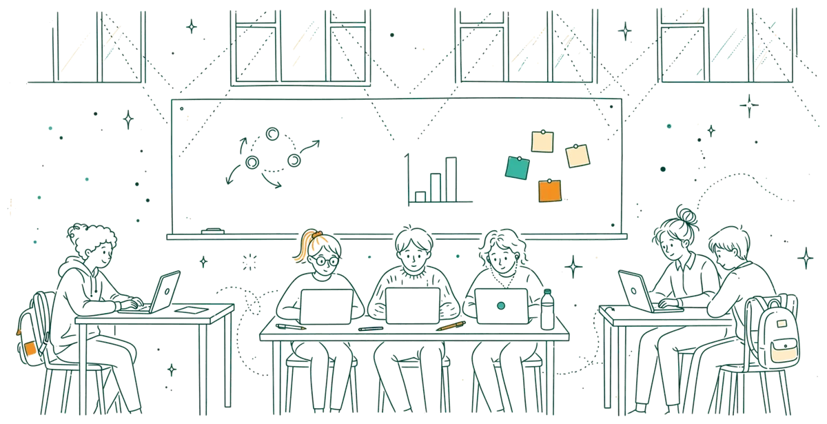 Dessin au trait : étudiants travaillant en groupe autour d’une table