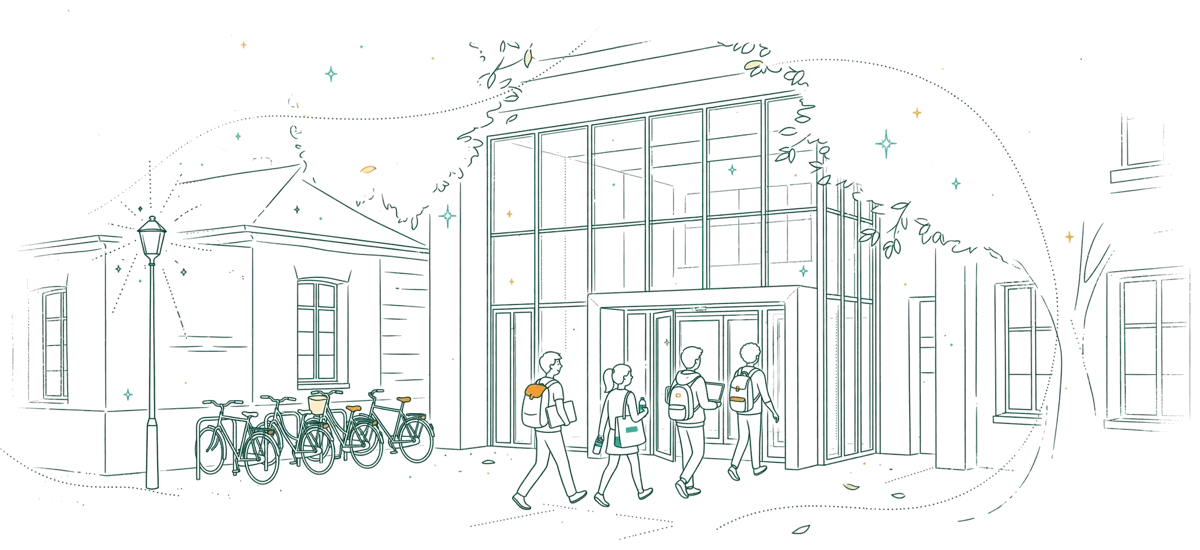 Dessin au trait : entrée de l’école avec étudiants le matin