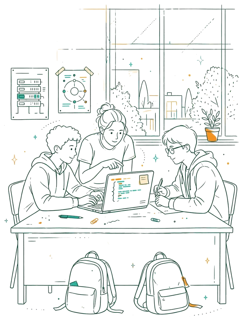 Dessin au trait : étudiants qui codent ensemble en salle informatique à Nantes