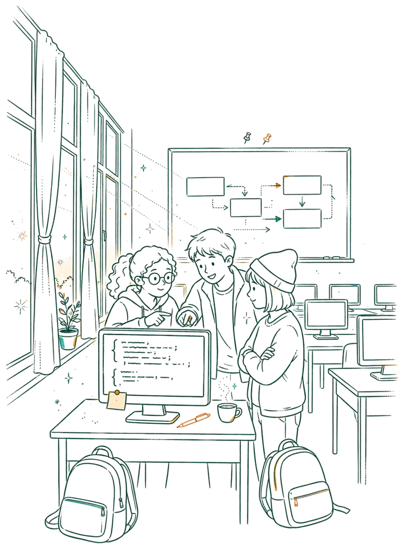 Dessin au trait : labo informatique avec étudiants qui codent ensemble