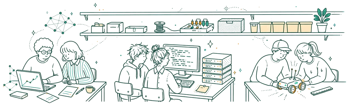 Dessin au trait : étudiants sur projets IA, cloud et robot