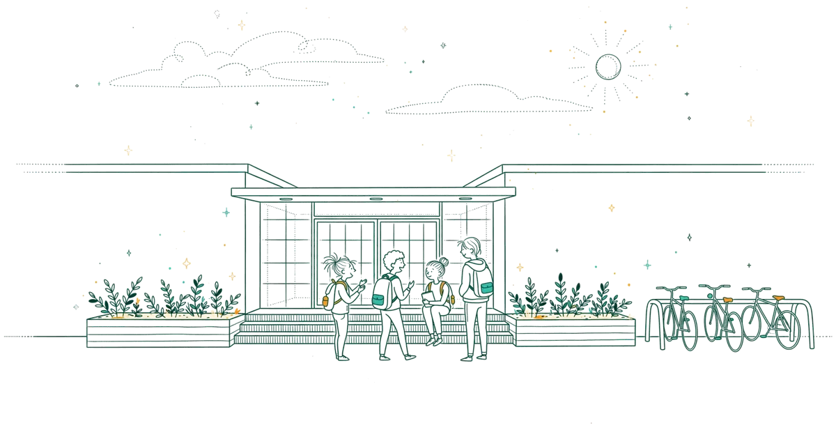 Dessin au trait : entrée du campus avec étudiants sur les marches