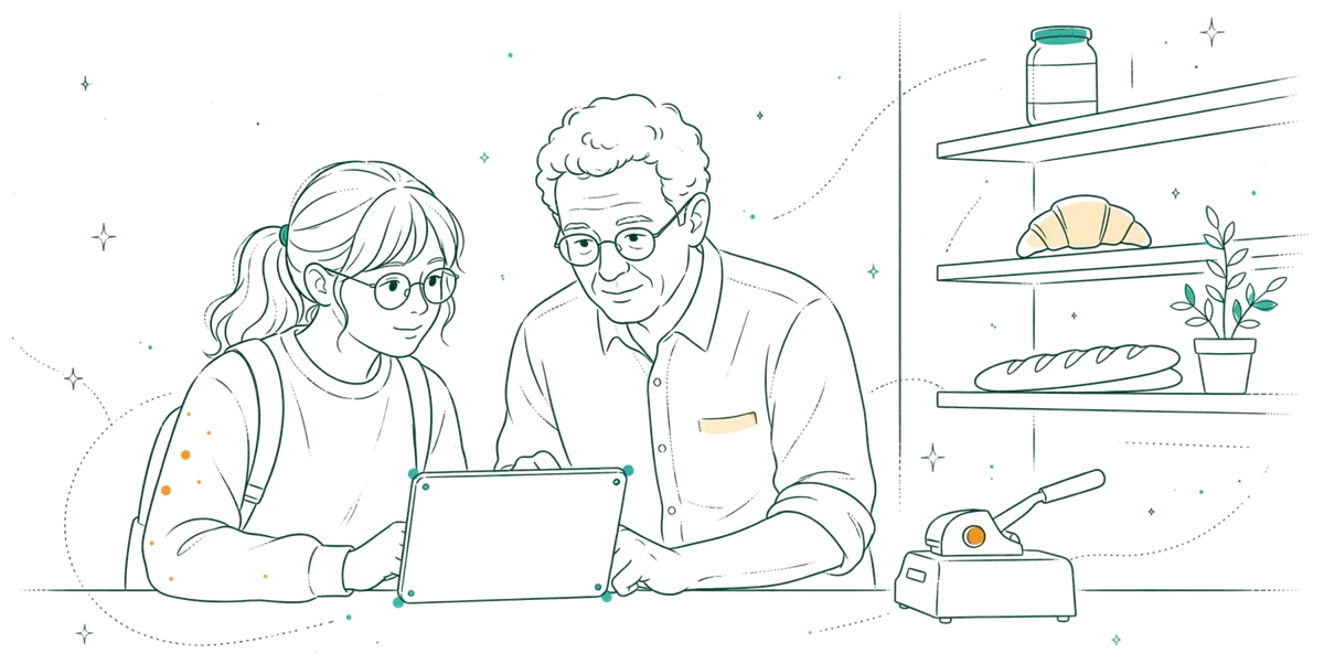 Dessin au trait : apprenti accompagné par son maître en entreprise