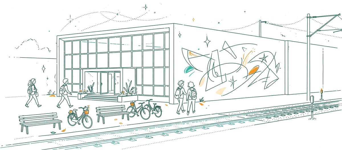 Dessin au trait : bâtiment du campus près de la gare