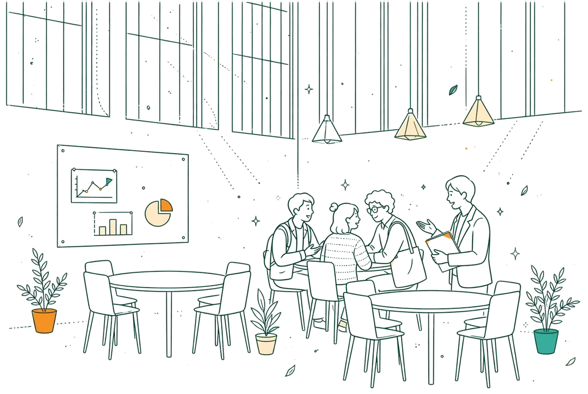 Dessin au trait : hall de l’école avec étudiants et professionnel