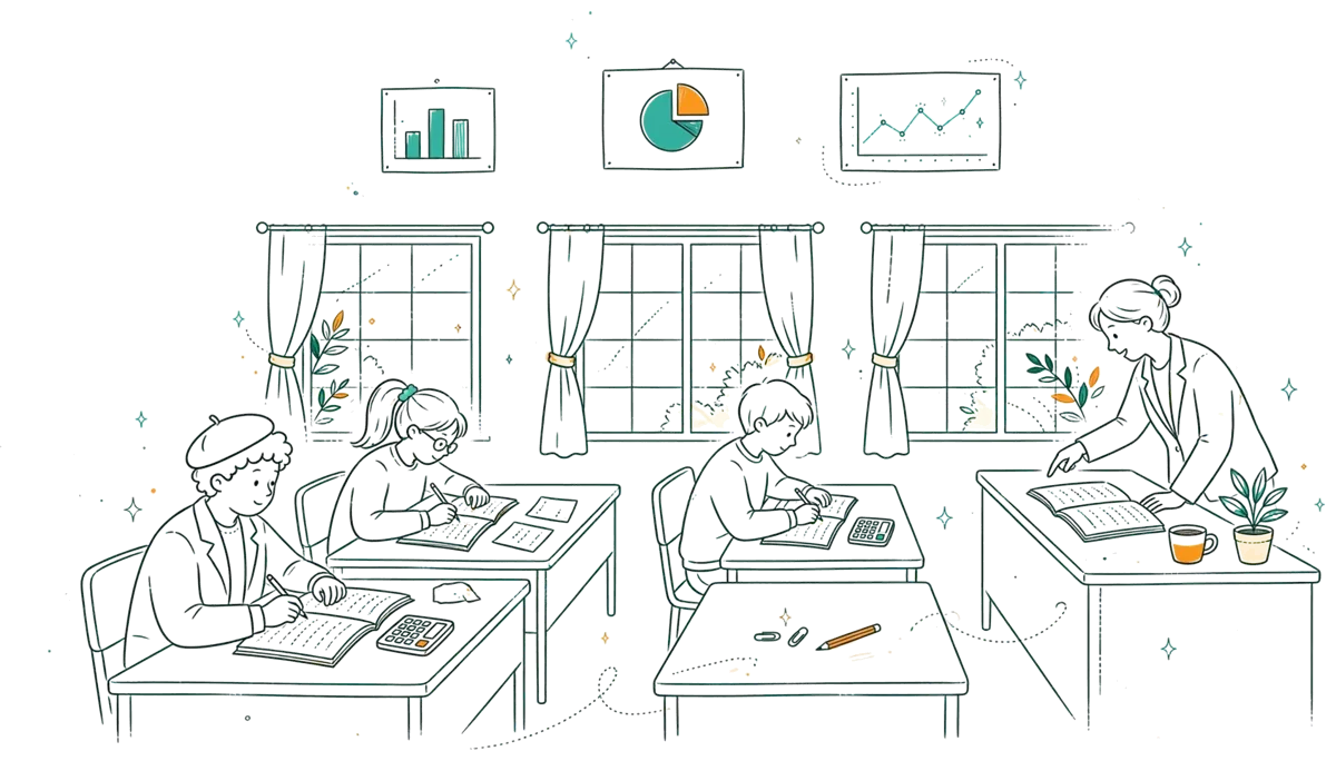 Dessin au trait : salle de cours de comptabilité et gestion