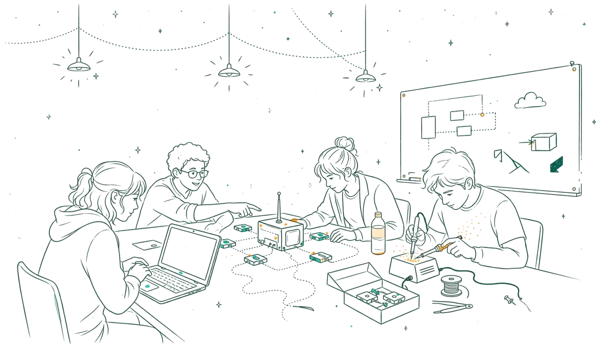 Dessin au trait : étudiants en cycle ingénieur autour d’un prototype.