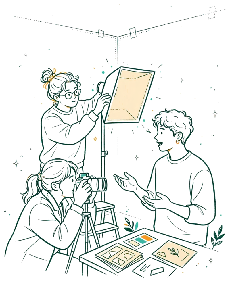 Dessin au trait : étudiants préparant une campagne sur ordinateur