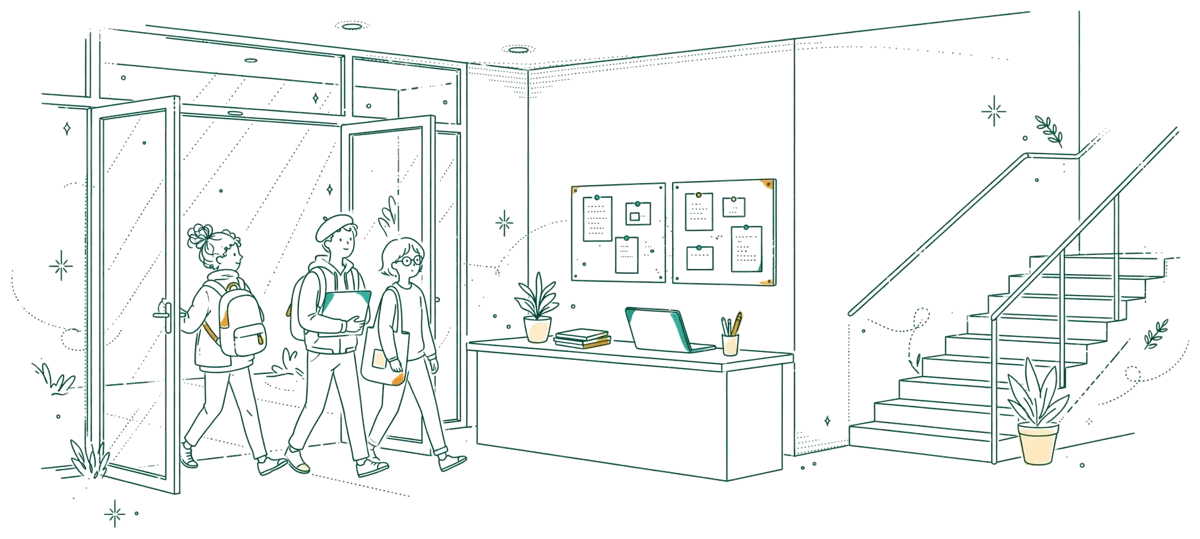Dessin au trait : hall d’entrée du campus de Mulhouse