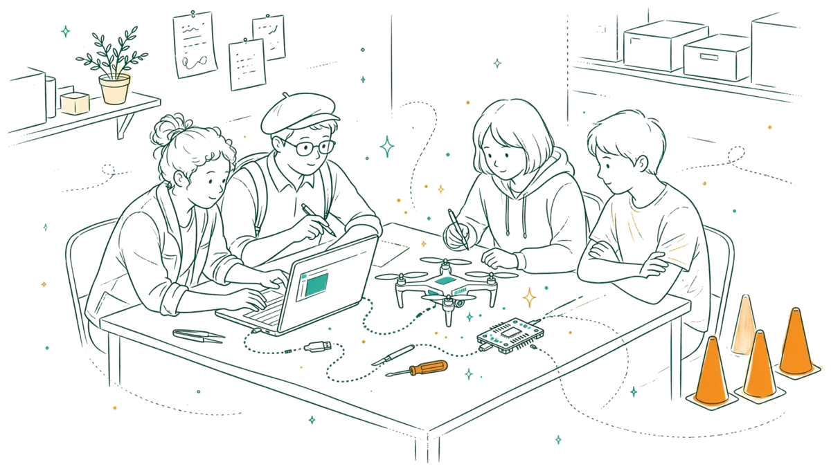 Dessin au trait : étudiants programment un drone en atelier