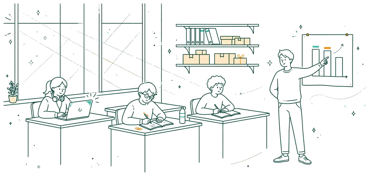 Dessin au trait : alternants en cours avec un formateur
