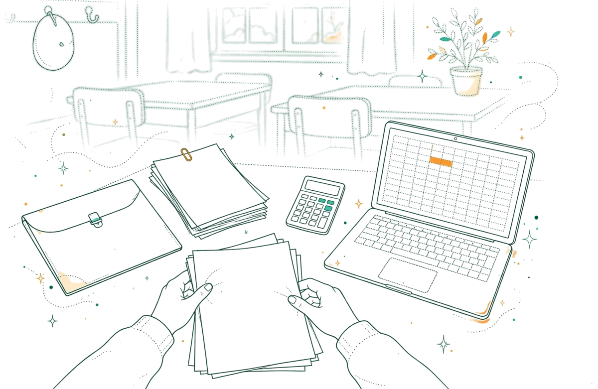 Dessin au trait : dossier et outils de gestion sur un bureau