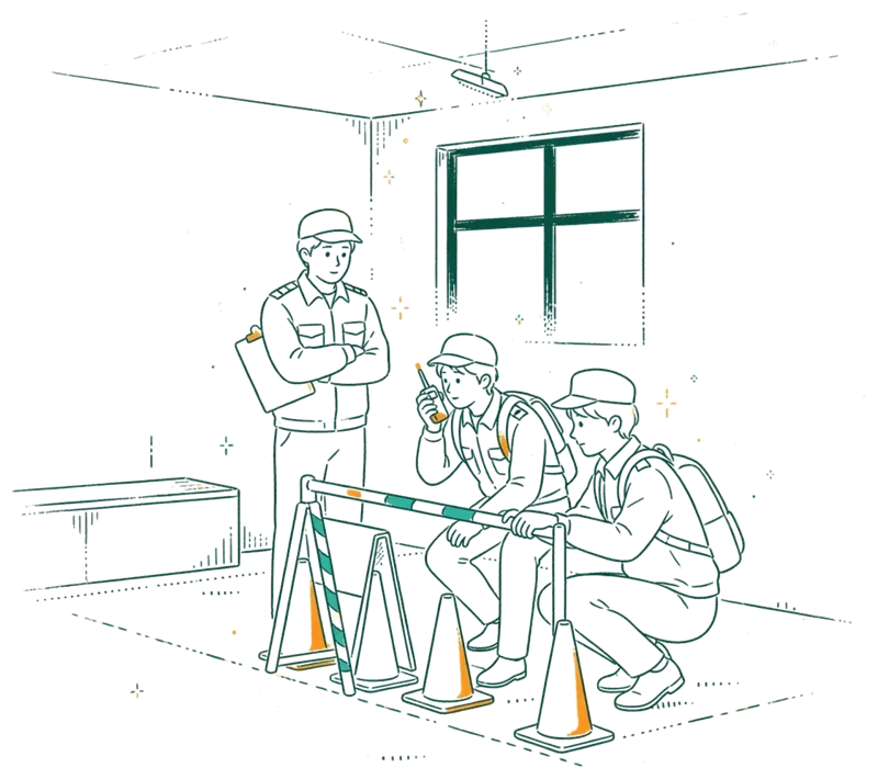 Dessin au trait : apprentis en exercice de sécurité