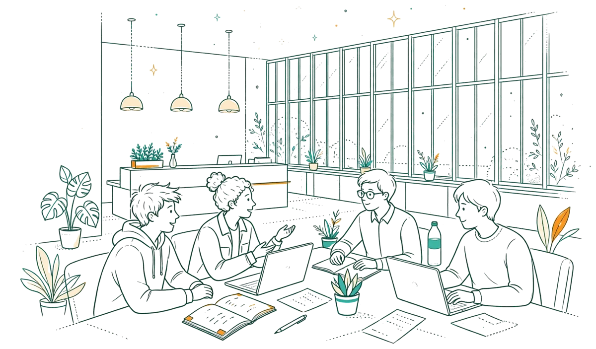 Dessin au trait : hall d’accueil de l’école avec étudiants