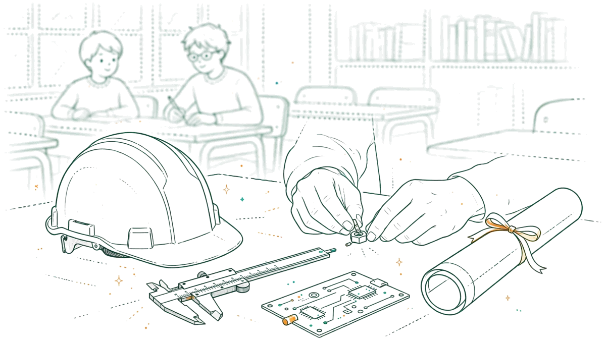 Dessin au trait : outils d’ingénieur sur un bureau