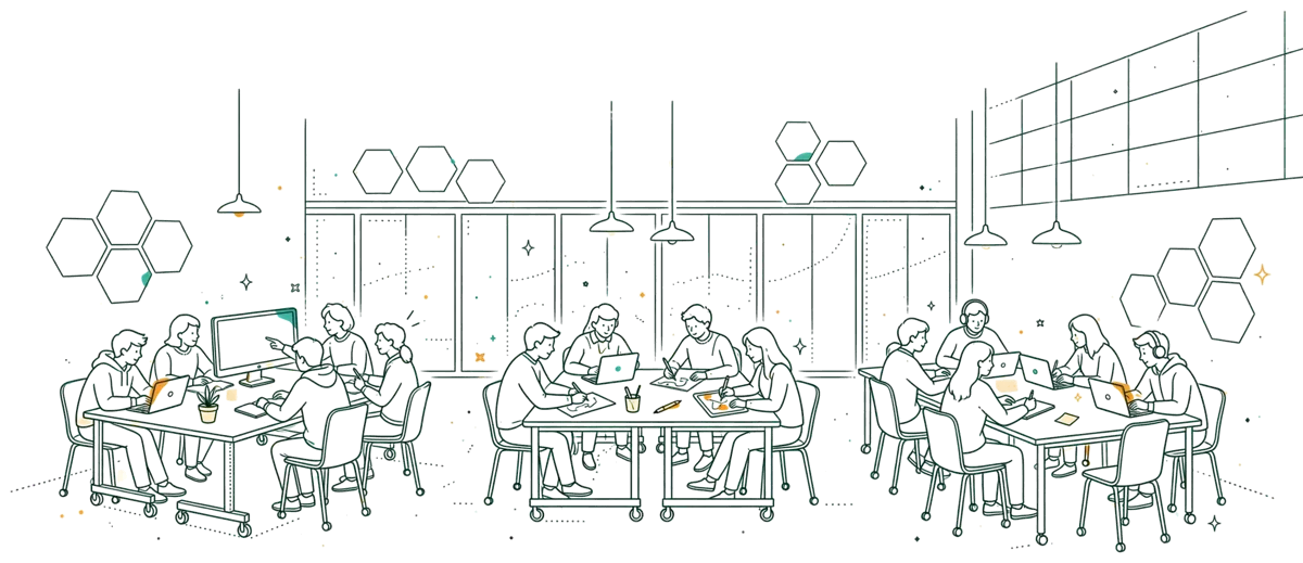 Dessin au trait : tiers-lieu avec îlots de travail collaboratif