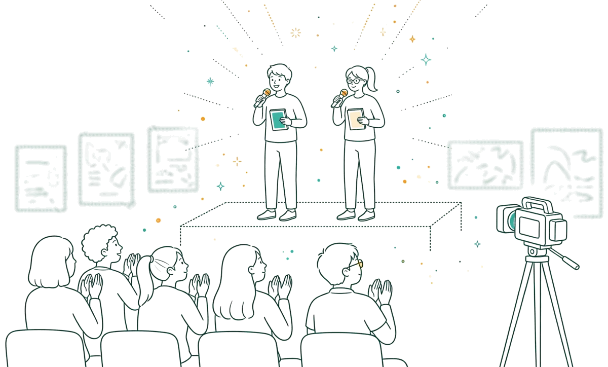 Dessin au trait : remise de prix avec étudiants et caméra sur pied