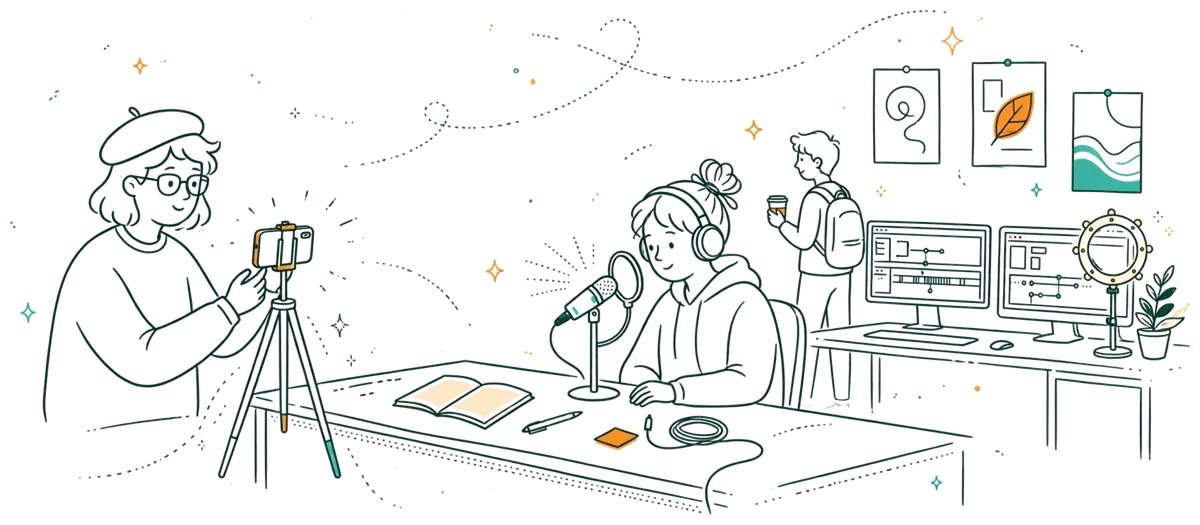 Dessin au trait : étudiants qui filment et enregistrent un podcast