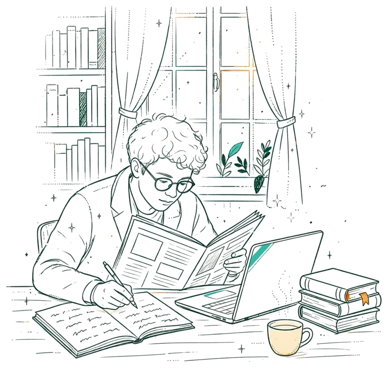 Dessin au trait : étudiante qui lit la presse en bibliothèque