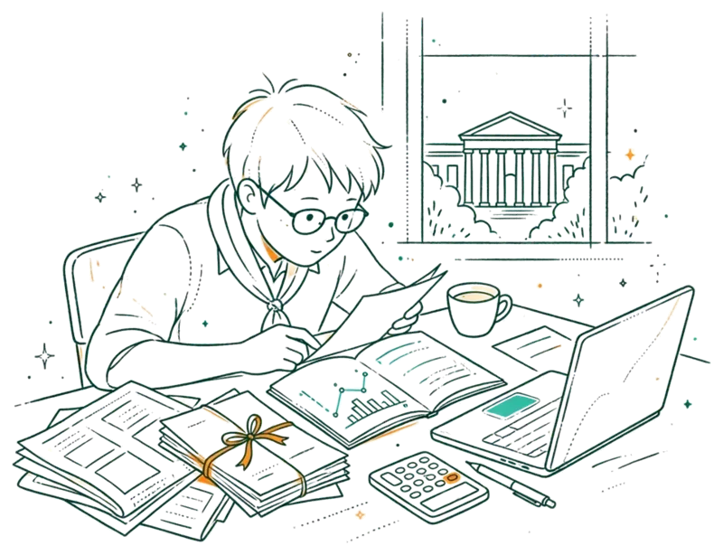 Dessin au trait : étudiant qui analyse presse éco et droit
