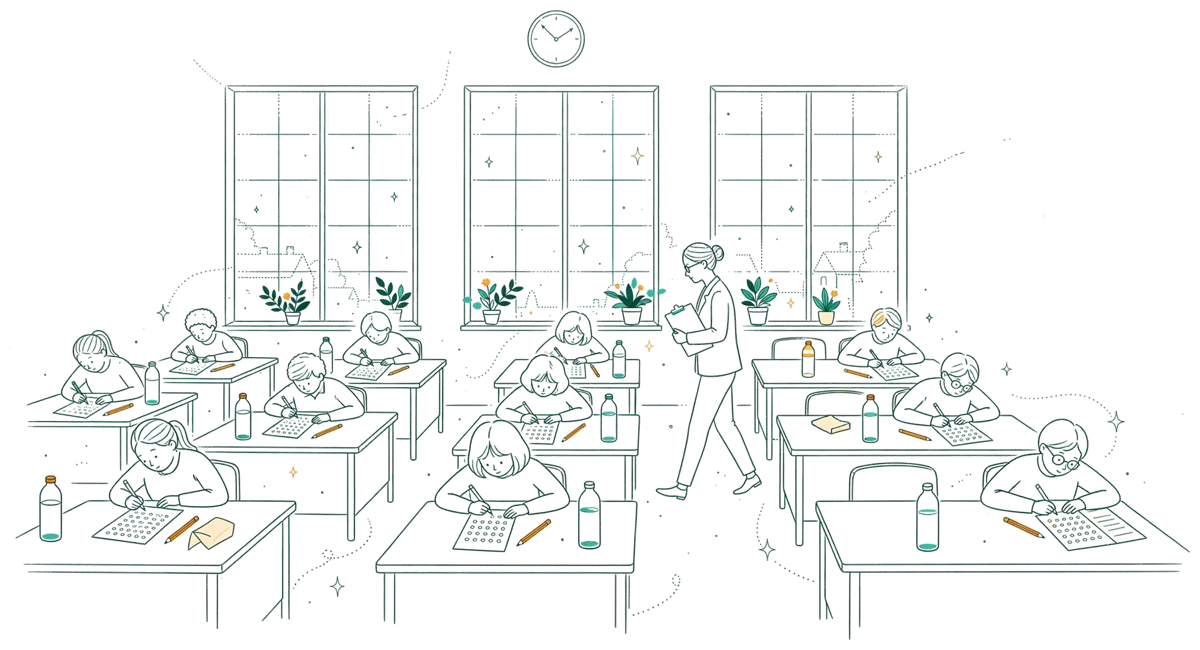 Dessin au trait : salle d’épreuves du concours d’admission