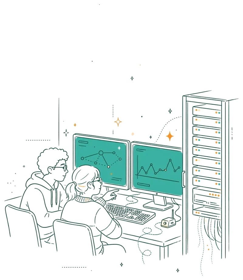 Dessin au trait : étudiants qui analysent un réseau en labo cyber