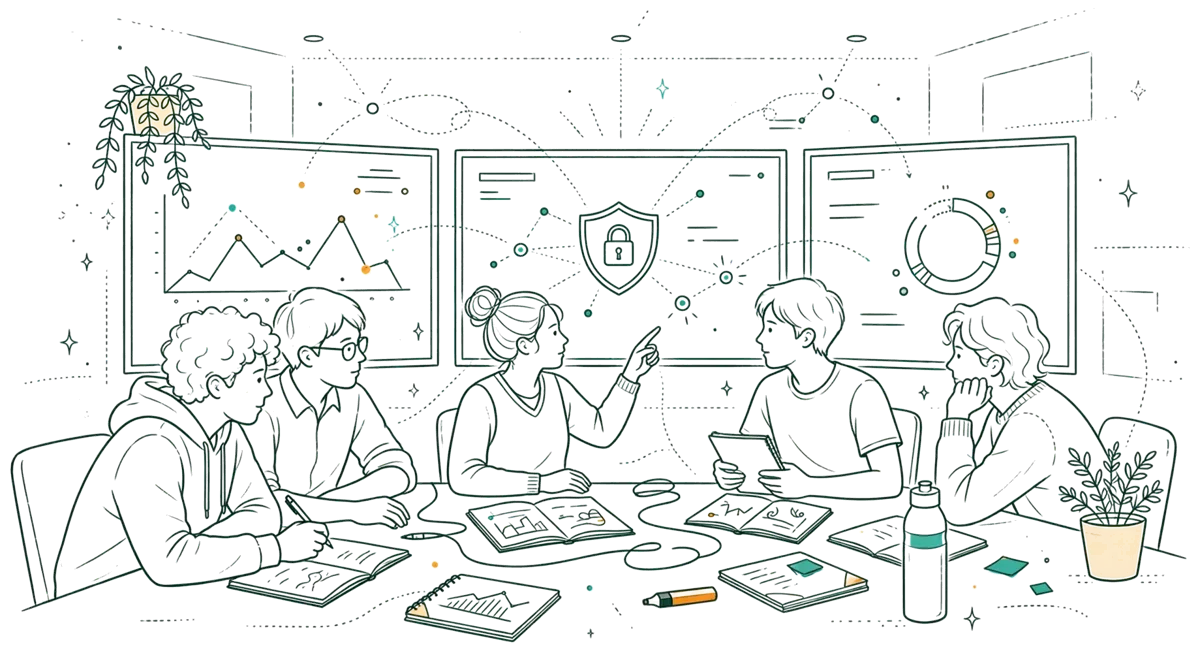 Dessin au trait : équipe qui analyse des données de cybersécurité