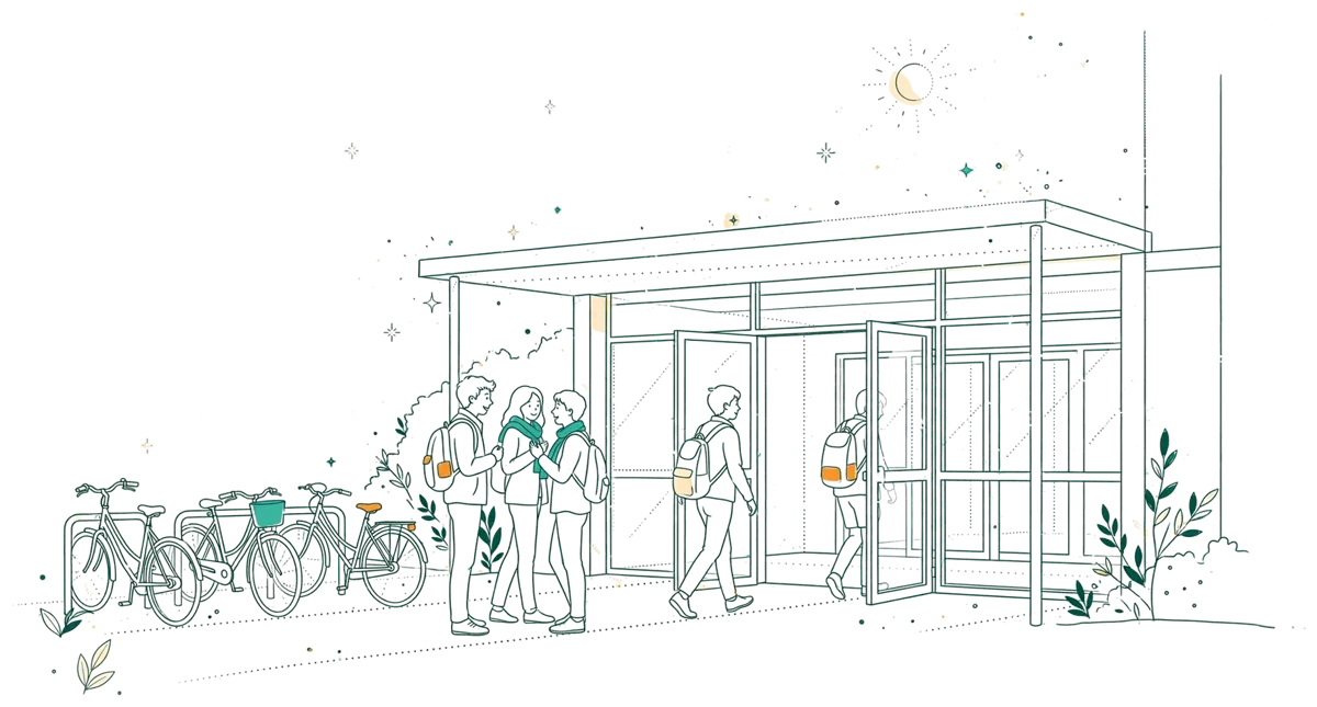 Dessin au trait : entrée du campus de Paris-Ivry avec étudiants