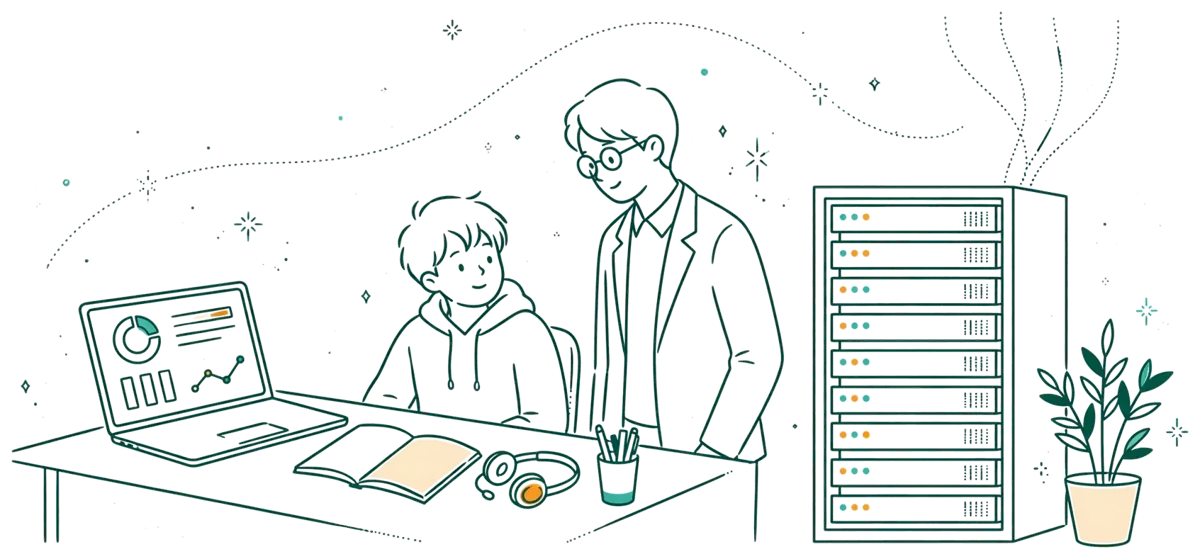 Dessin au trait : apprenti et tuteur devant un serveur en entreprise