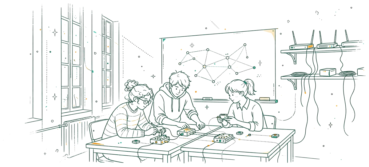 Dessin au trait : salle de cours tech avec modules connectés à Paris