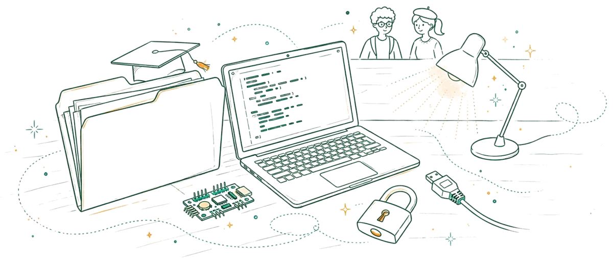Dessin au trait : diplôme, cadenas et carte électronique sur bureau