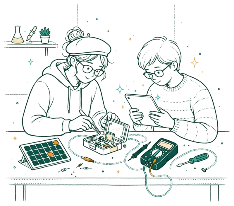 Dessin au trait : assemblage d’un capteur connecté en laboratoire