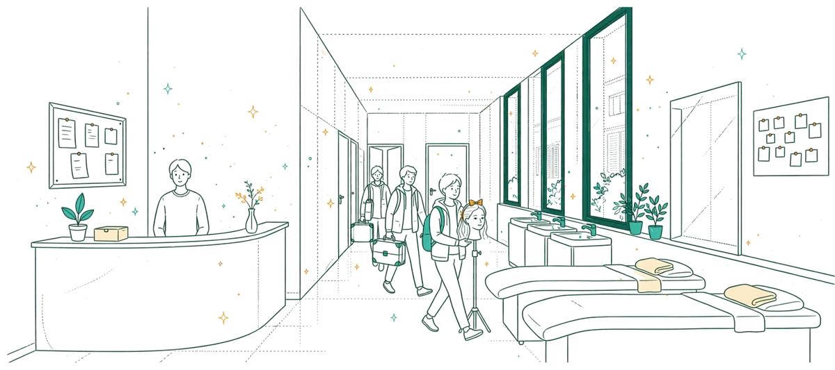 Dessin au trait : intérieur de l’école de coiffure et esthétique