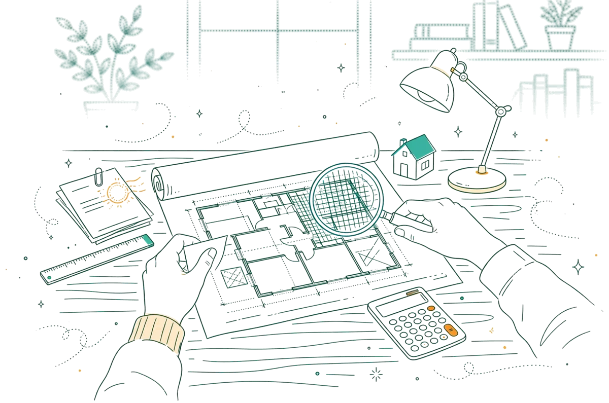Dessin au trait : plan de permis de construire sur bureau